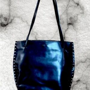 FURLA High-End Made in Italy Black Leather Tote Bag with Silver Studded Trim